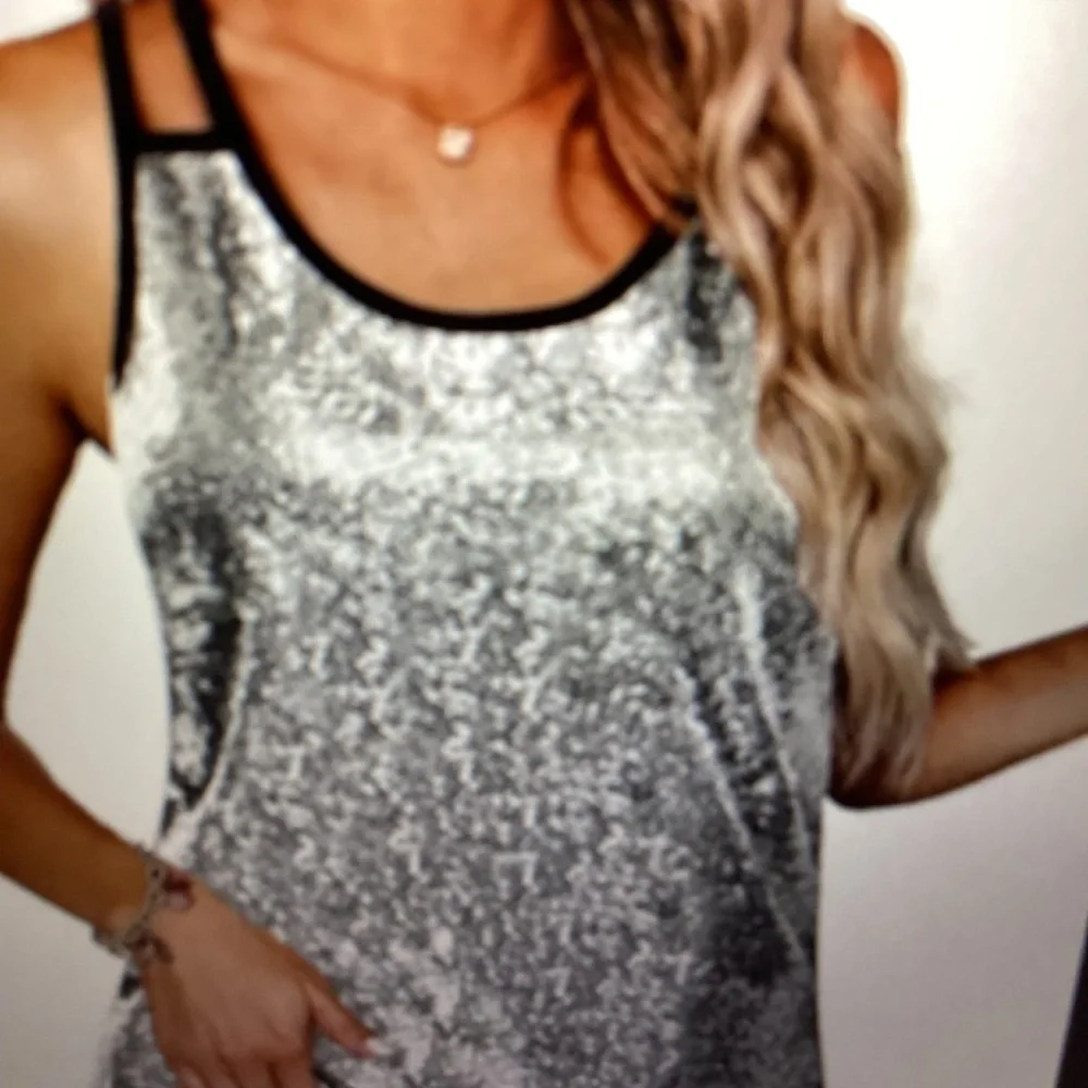 Sequined Double Strap Tank Top ( Size : XXL) (Color: Silvery). CL